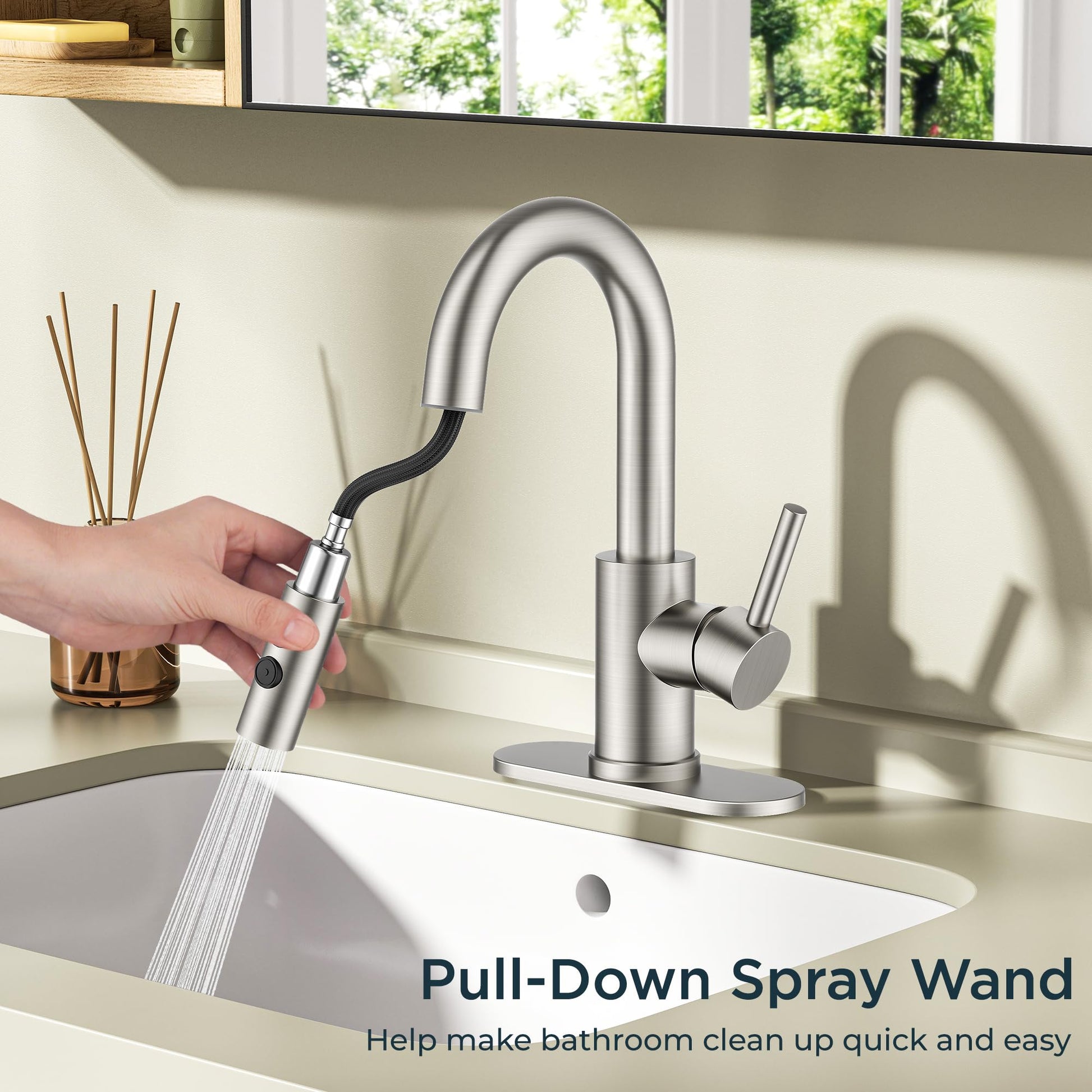 FORIOUS Bathroom Faucet 1 Hole with Pull Down Sprayer, 3 Hole Brushed Nickel Bathroom Sink Faucet with Pop Up Drain for RV Bar Laundry Vanity Utility Sink Remodel, Single Handle Design