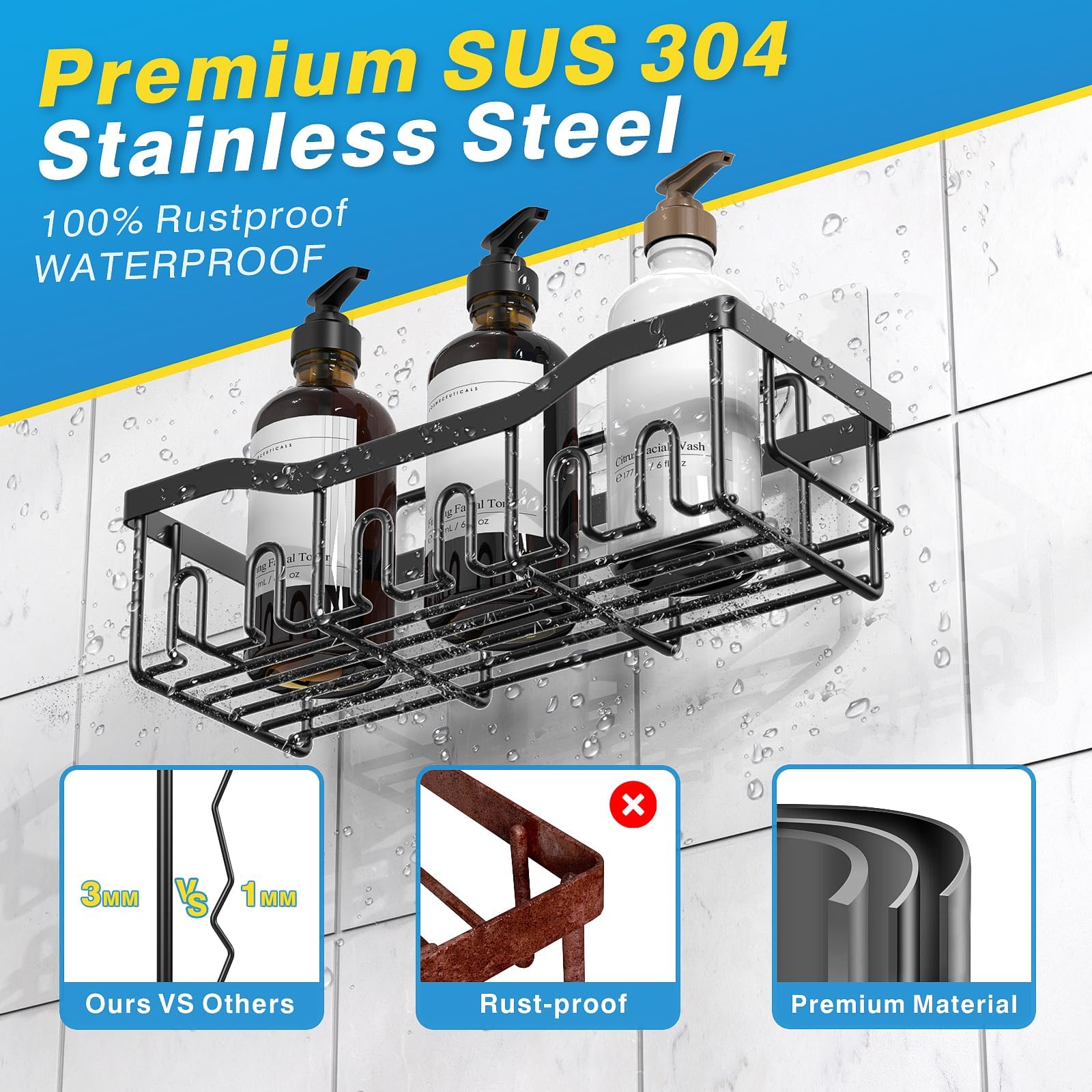 EUDELE Adhesive Shower Caddy, 5 Pack Rustproof Stainless Steel Bath Organizers With Large Capacity, No Drilling Shelves for Bathroom Storage & Home Decor-XL Size
