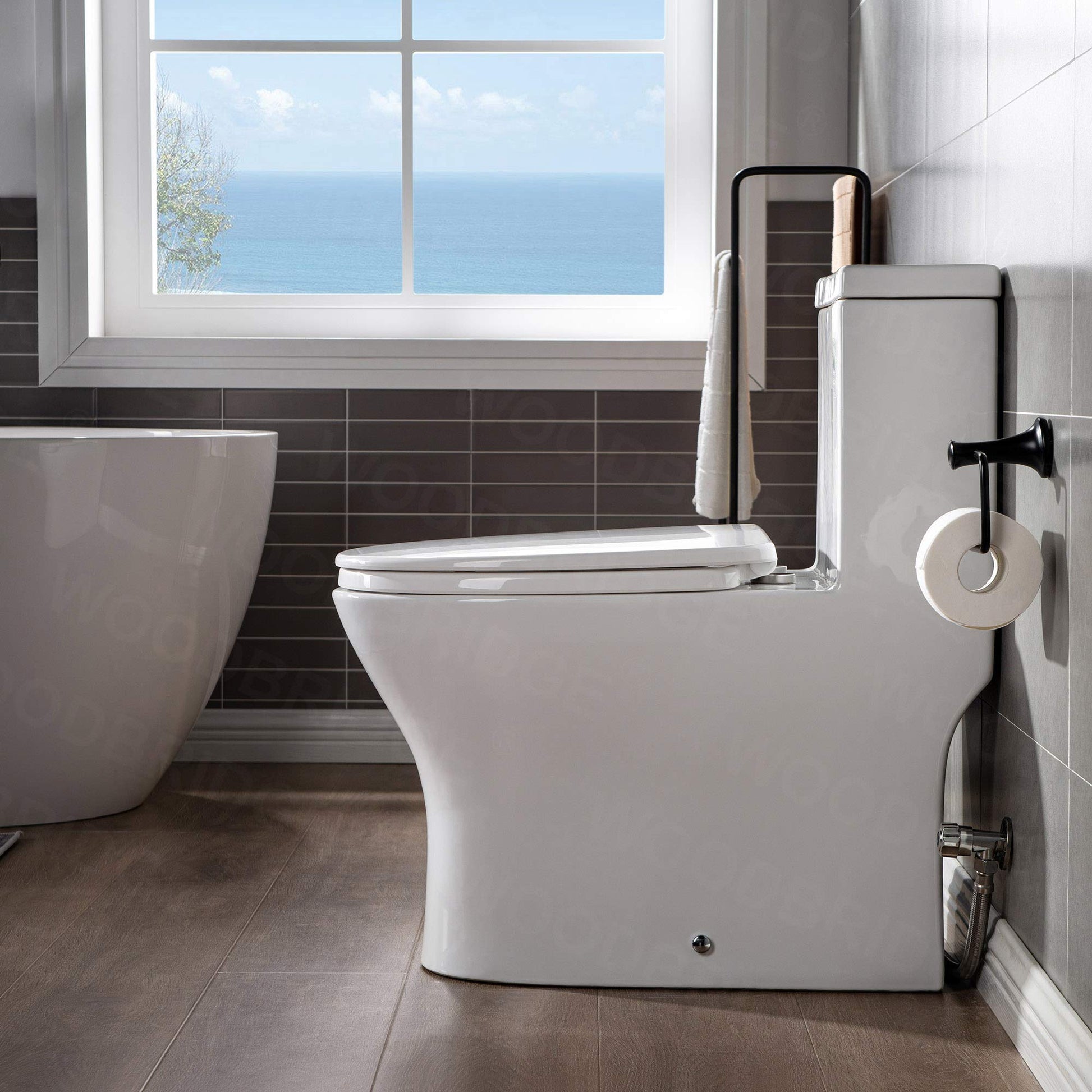 WOODBRIDGEE Modern Elongated One piece Toilet Dual flush 1.0/1.6 GPF,with Soft Closing Seat,1000 Gram MaP Flushing Score Toilet with Chrome Button,White,B0750-F-C