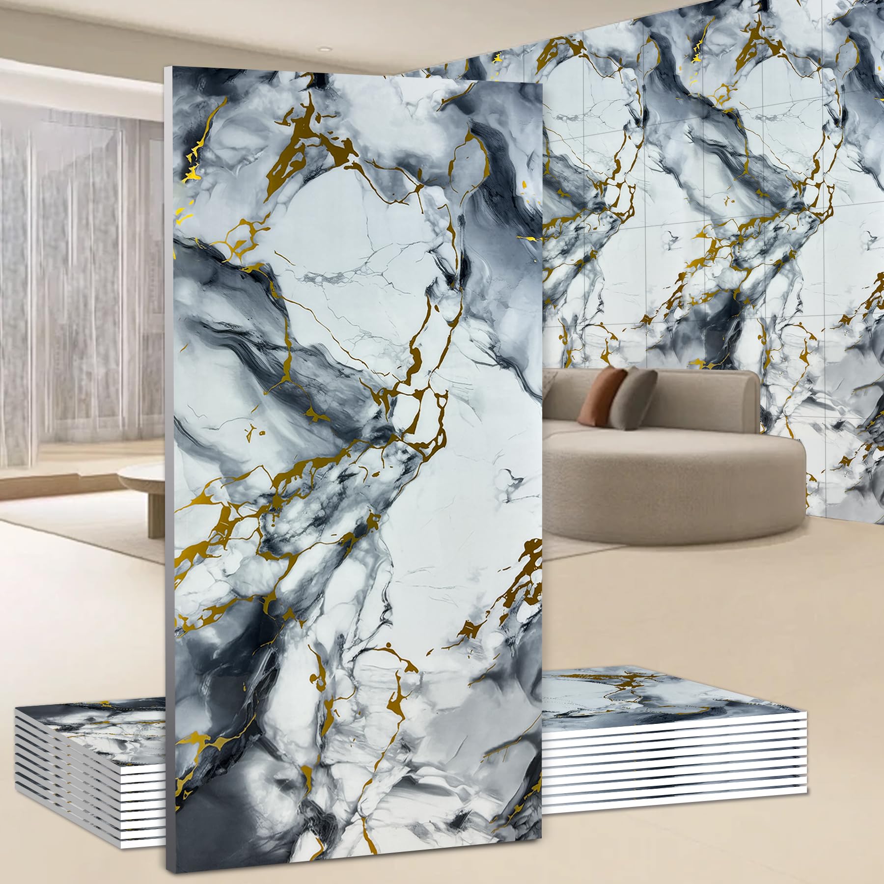Wall Panels Peel and Stick，PVC imitation artificial marble tiles sticker，10 pcs 23.6" L x 11.8" W，Heat-Resistant Backsplash Tile，Ideal for Kitchen Bathrooms Living Rooms Bedrooms. (10, DU037)