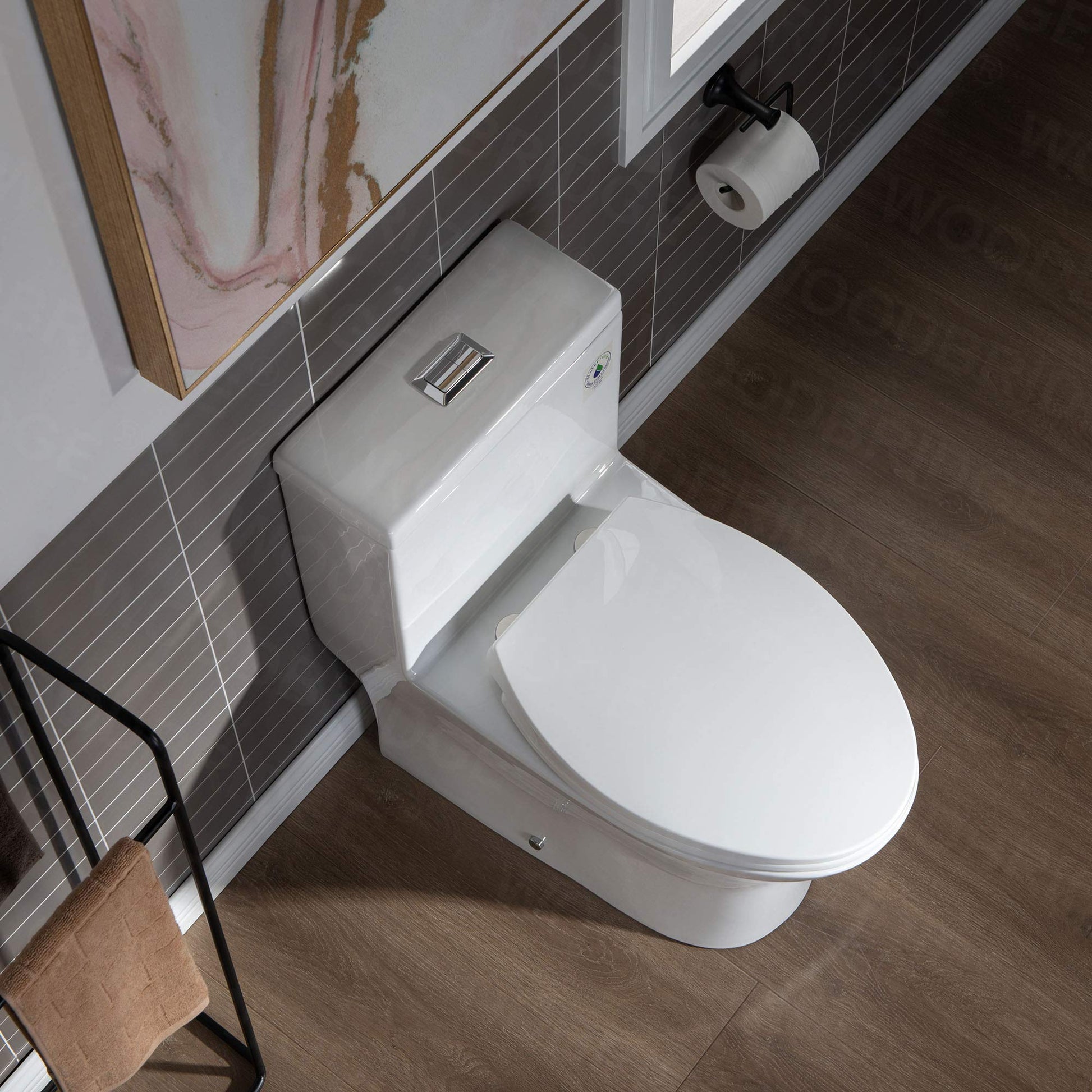 WOODBRIDGEE Modern Elongated One piece Toilet Dual flush 1.0/1.6 GPF,with Soft Closing Seat,1000 Gram MaP Flushing Score Toilet with Chrome Button,White,B0750-F-C
