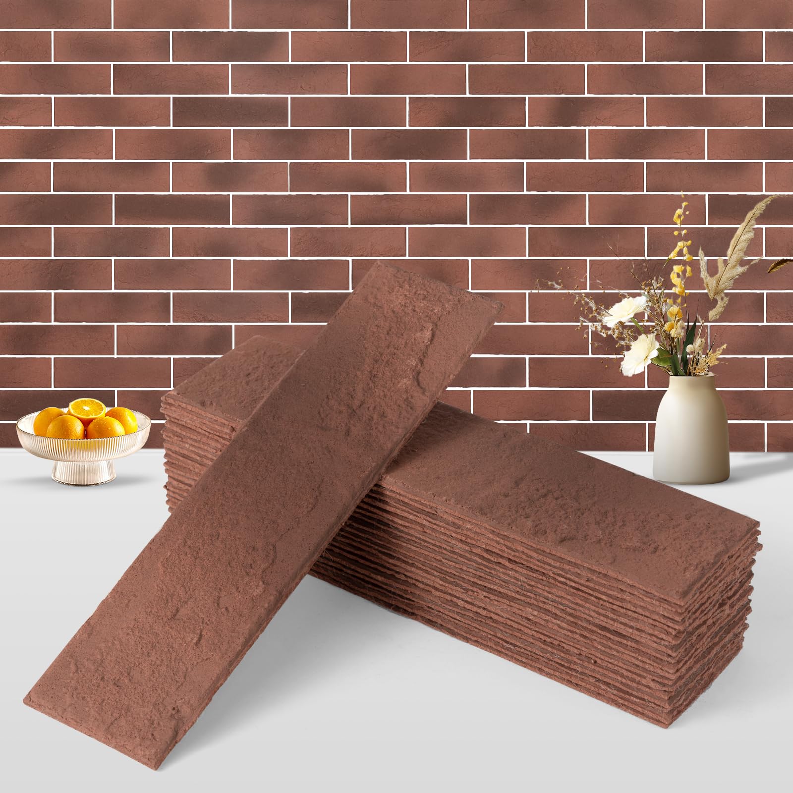 Zoeteoz 4 Pcs Vintage Red Faux Thin Brick Dimensional Wall Decor, Red, 8.54'' X 2.36'' Indoor/Outdoor Wall Tile for House Facade, Garage, Chimney