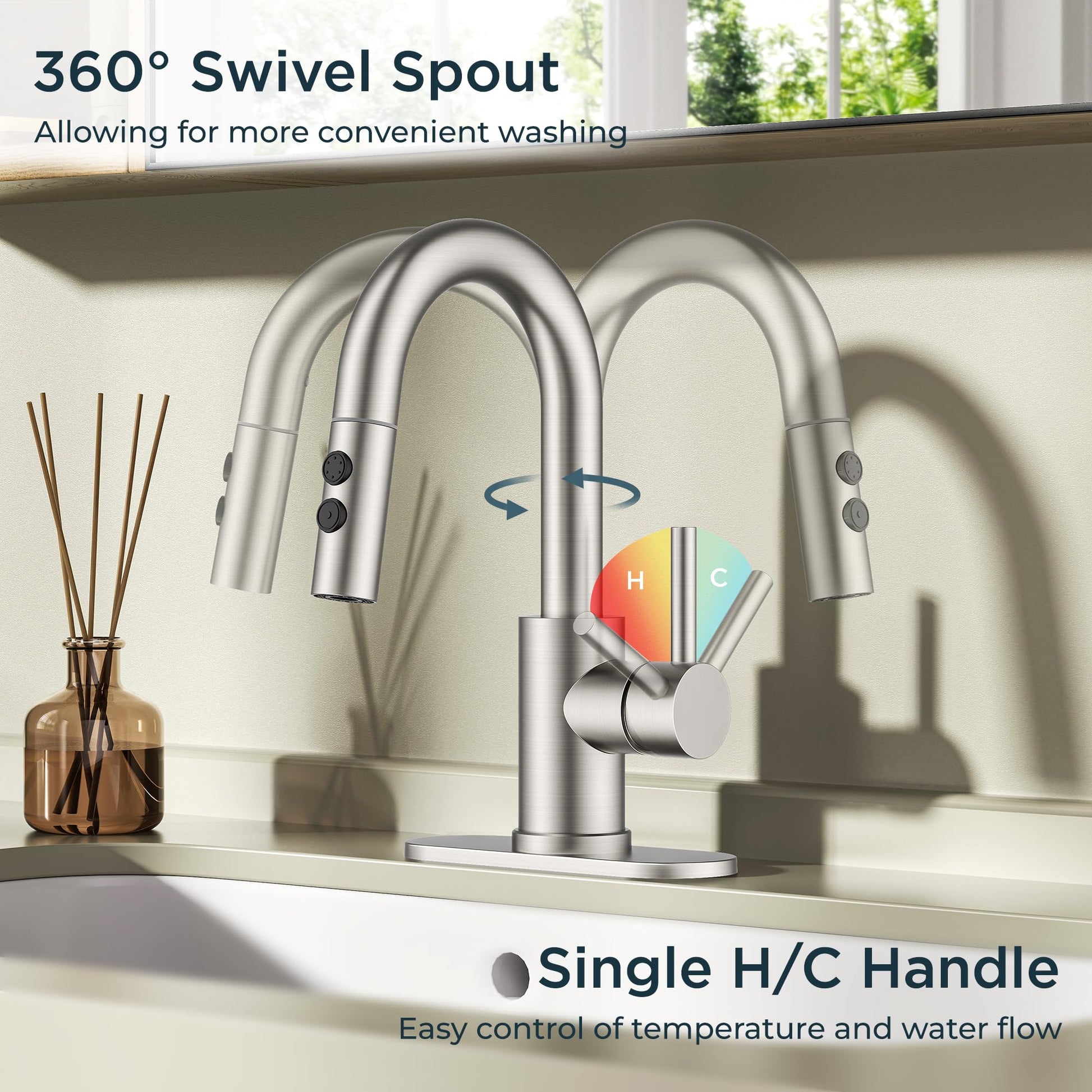 FORIOUS Bathroom Faucet 1 Hole with Pull Down Sprayer, 3 Hole Brushed Nickel Bathroom Sink Faucet with Pop Up Drain for RV Bar Laundry Vanity Utility Sink Remodel, Single Handle Design