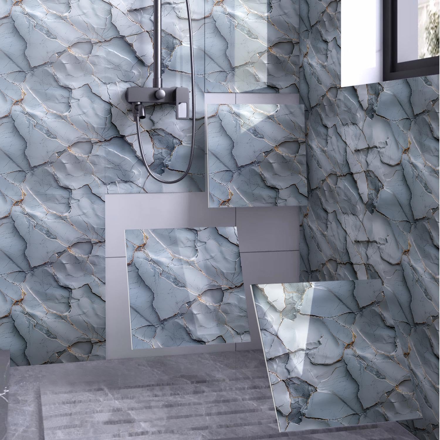 Chejiaye Shower Wall Panels Peel and Stick,Marble Wall Panels for Interior Decor,Backsplash Tile for Kitchen Showers Bathrooms Living Rooms 11.8"x11.8"in 10Pcs,White Gray (Not Real Tile,9.7 Sq.ft)
