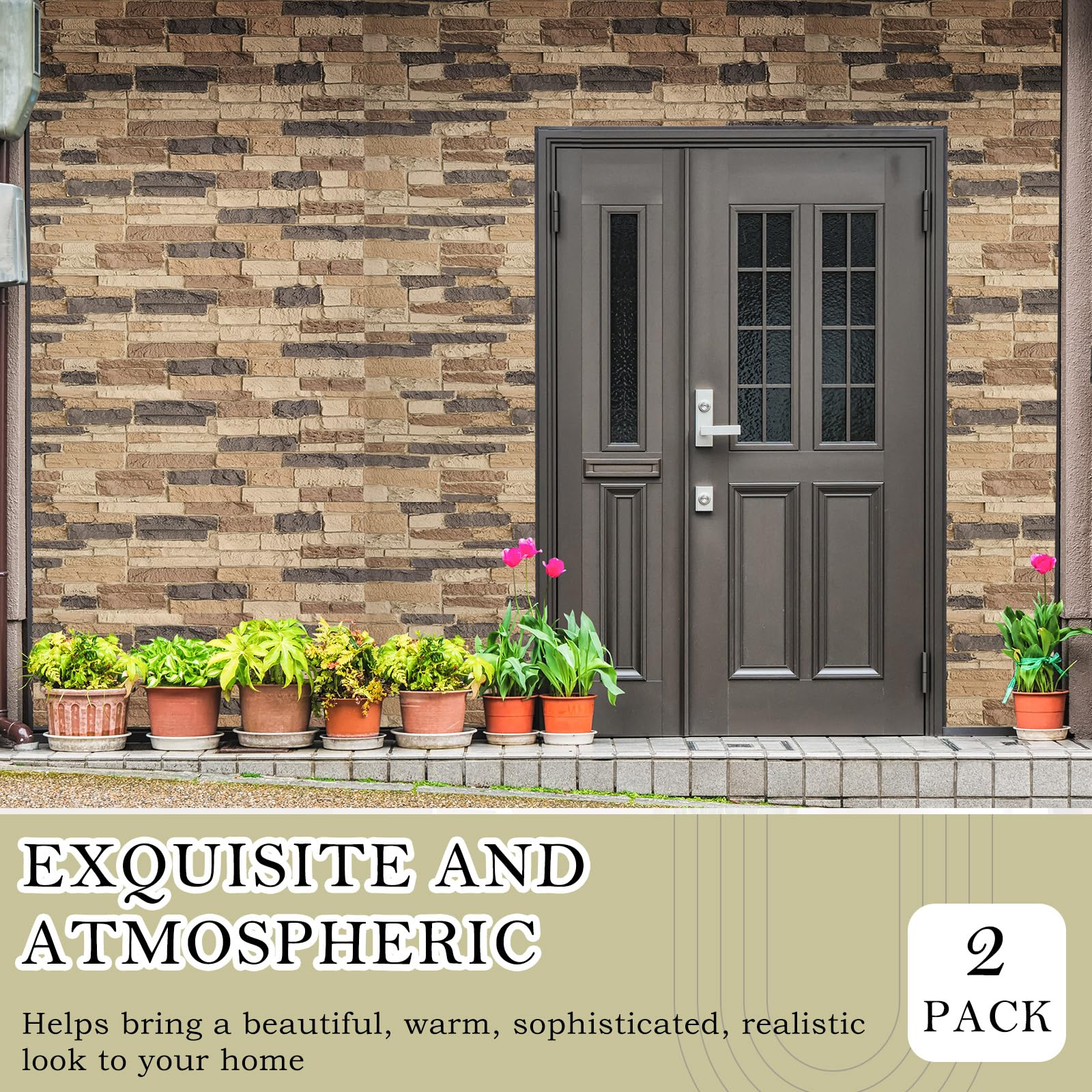 Maasechs 2 Pack Faux Stone Wall Covering Panels 45.6''L x 23.6''H x 0.98''D for Interior Exterior Decor Stone Siding Panels Artificial 3D Veneer for Outdoor Home Improvement Projects (Light Brown)