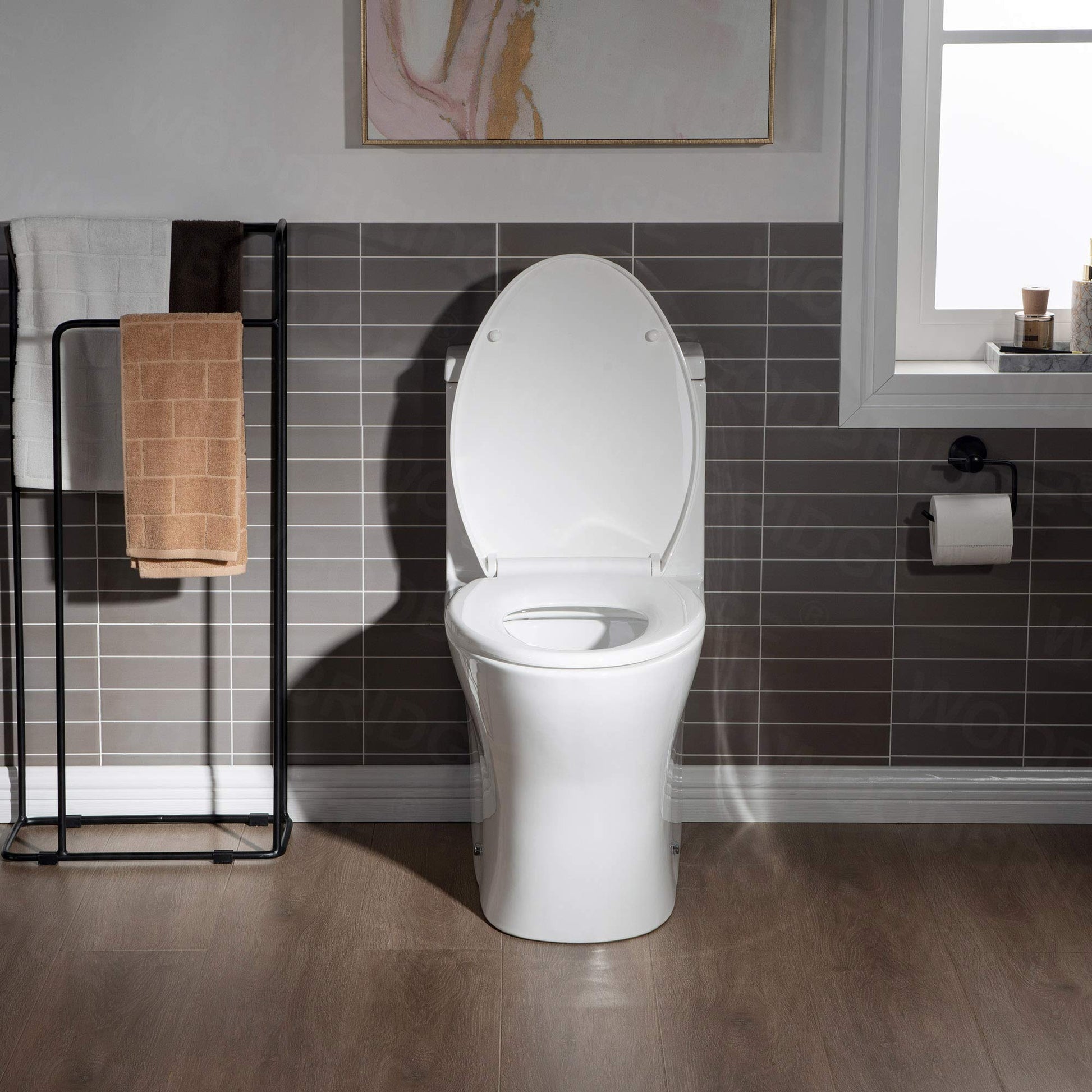 WOODBRIDGEE Modern Elongated One piece Toilet Dual flush 1.0/1.6 GPF,with Soft Closing Seat,1000 Gram MaP Flushing Score Toilet with Chrome Button,White,B0750-F-C