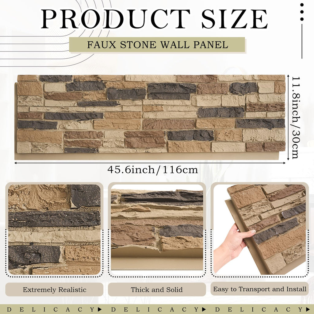 Maasechs 2 Pack Faux Stone Wall Covering Panels 45.6''L x 23.6''H x 0.98''D for Interior Exterior Decor Stone Siding Panels Artificial 3D Veneer for Outdoor Home Improvement Projects (Light Brown)