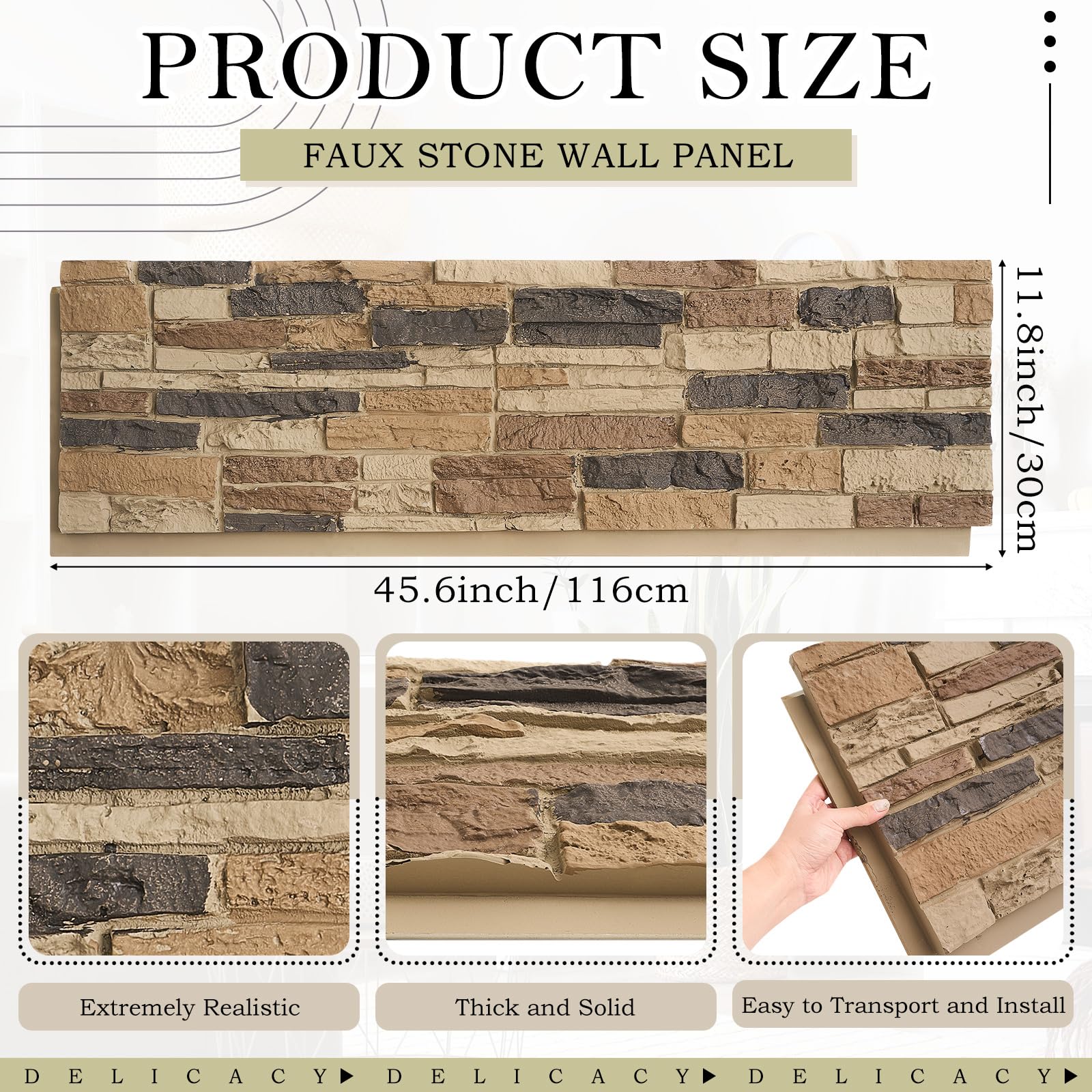 Maasechs 2 Pack Faux Stone Wall Covering Panels 45.6''L x 23.6''H x 0.98''D for Interior Exterior Decor Stone Siding Panels Artificial 3D Veneer for Outdoor Home Improvement Projects (Light Brown)