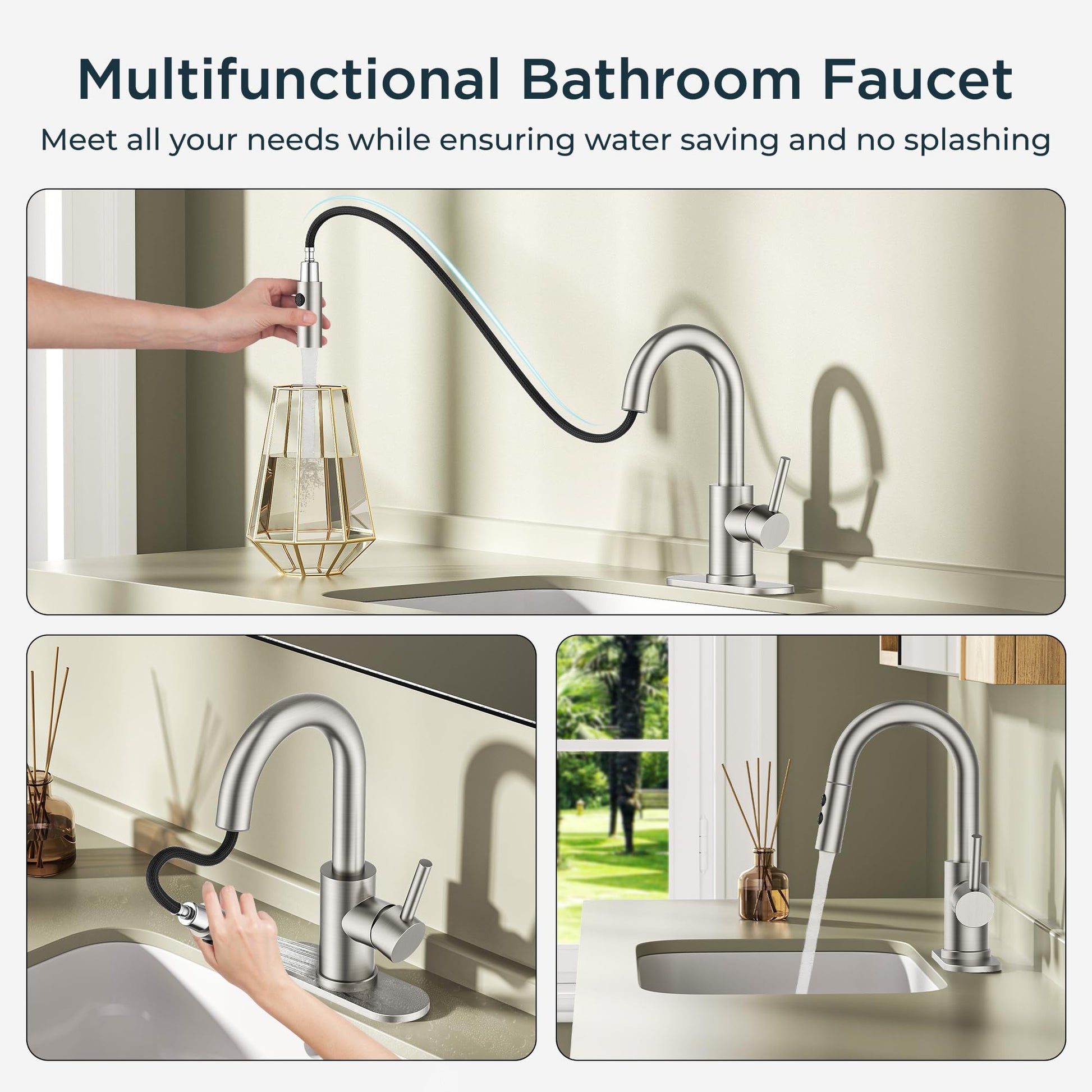 FORIOUS Bathroom Faucet 1 Hole with Pull Down Sprayer, 3 Hole Brushed Nickel Bathroom Sink Faucet with Pop Up Drain for RV Bar Laundry Vanity Utility Sink Remodel, Single Handle Design