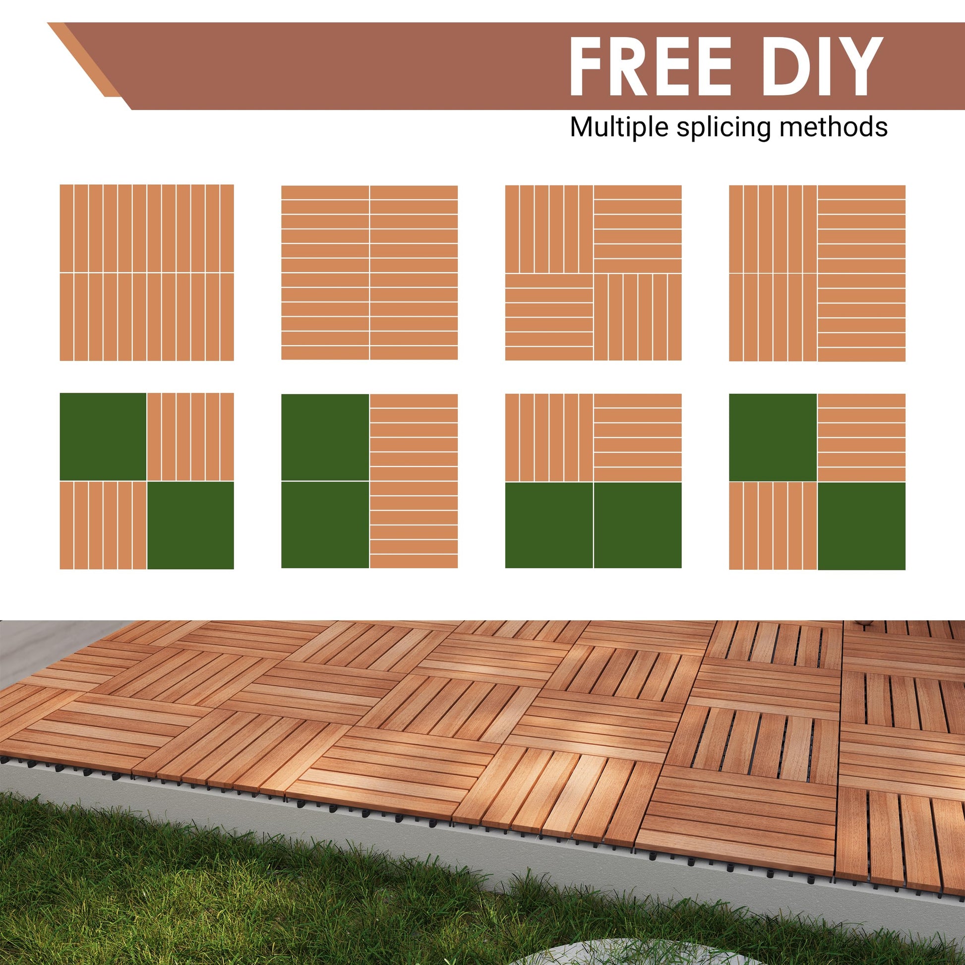 PrimeZone 54 PCS Solid Acacia Wood Interlocking Patio Deck Tiles - 12" x 12" Indoor Outdoor Waterproof Flooring Tiles for Balcony, Backyard, Garden & Poolside, All Weather Use, Natural Wood