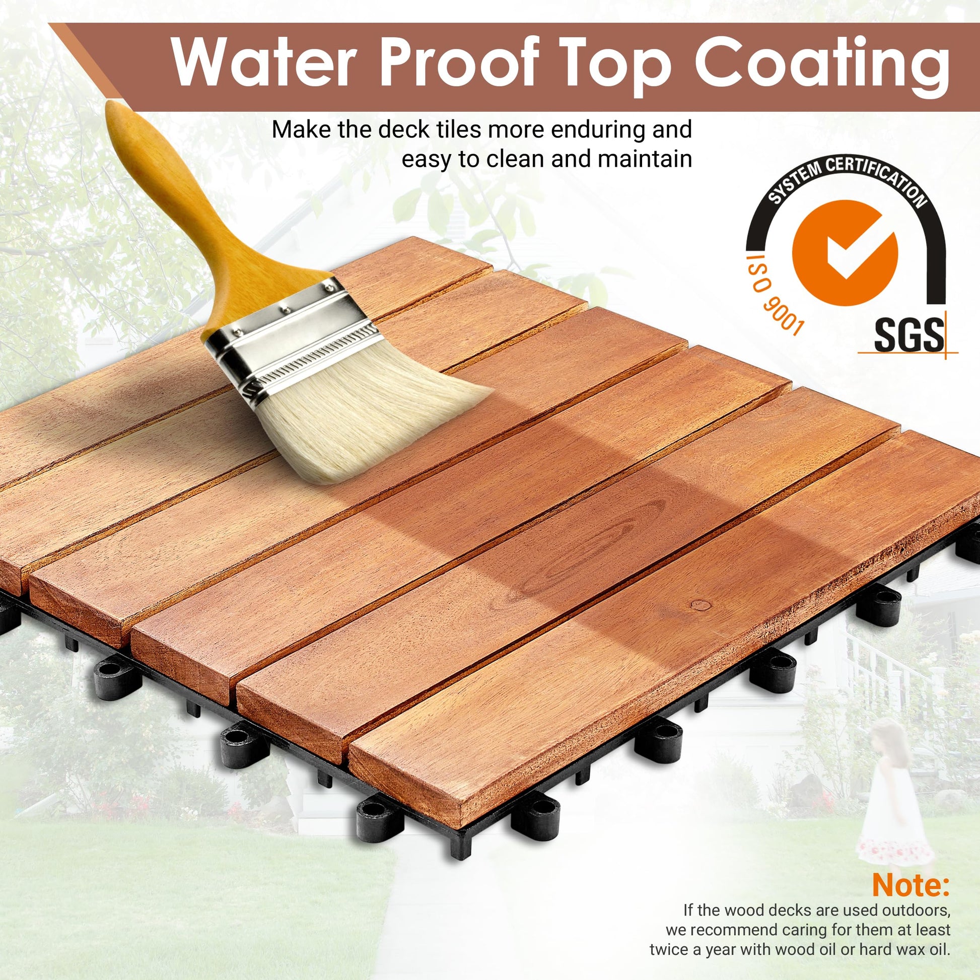 PrimeZone 54 PCS Solid Acacia Wood Interlocking Patio Deck Tiles - 12" x 12" Indoor Outdoor Waterproof Flooring Tiles for Balcony, Backyard, Garden & Poolside, All Weather Use, Natural Wood