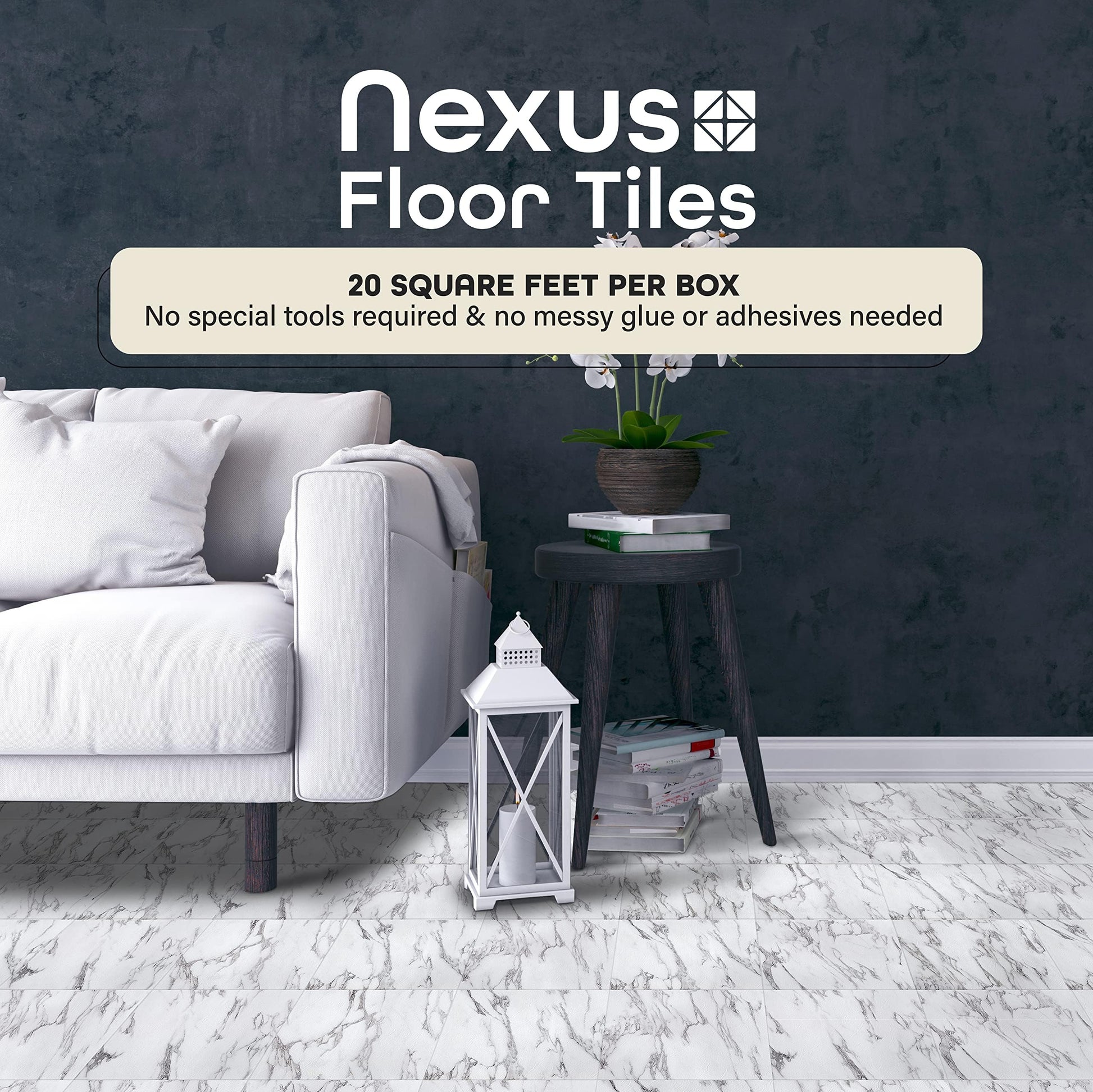 Nexus Self Adhesive 12-Inch Vinyl Floor Tiles, 20 Tiles - 12" x 12", Bianco Marble Pattern - Peel & Stick, DIY Flooring for Kitchen, Dining Room, Bedrooms & Bathrooms by Achim Home Decor