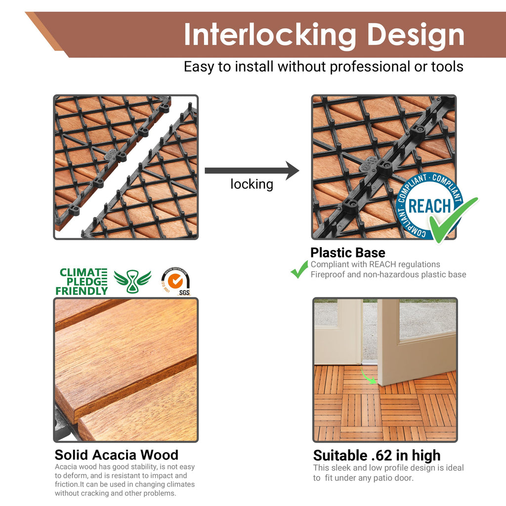 PrimeZone 54 PCS Solid Acacia Wood Interlocking Patio Deck Tiles - 12" x 12" Indoor Outdoor Waterproof Flooring Tiles for Balcony, Backyard, Garden & Poolside, All Weather Use, Natural Wood