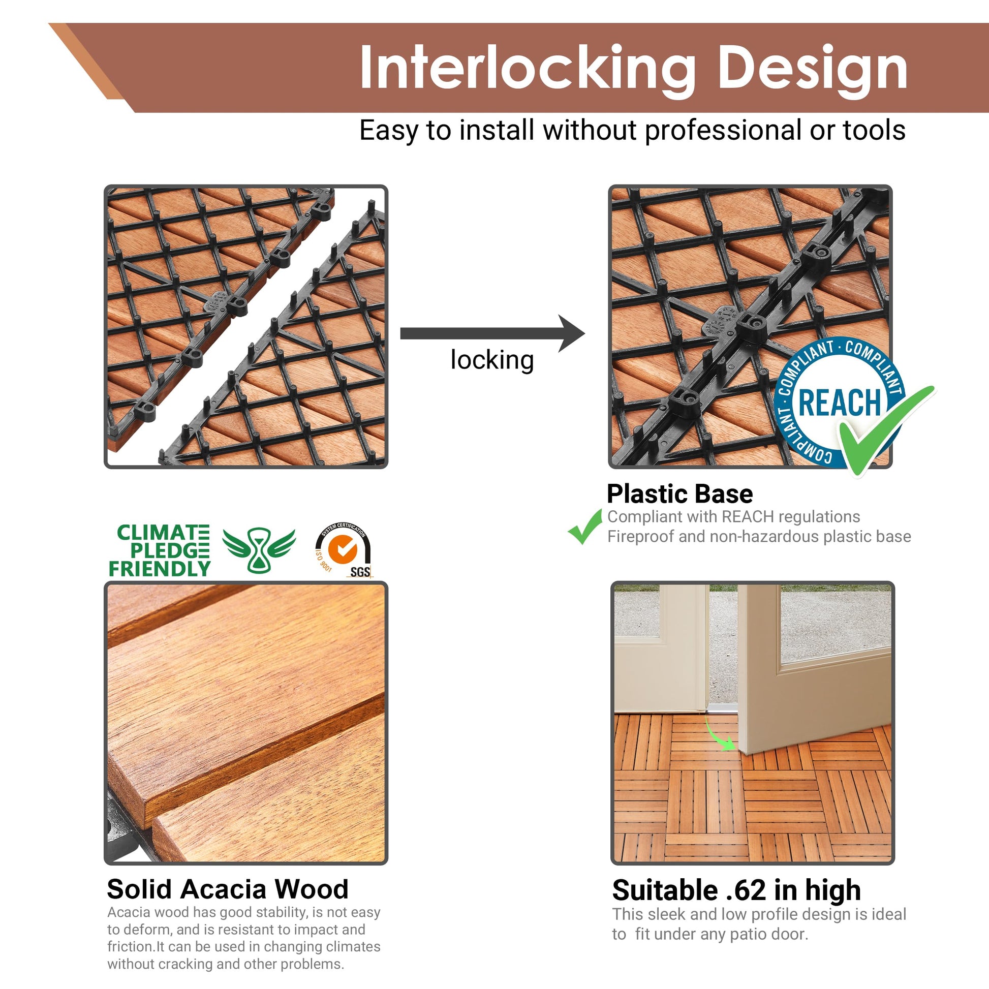 PrimeZone 54 PCS Solid Acacia Wood Interlocking Patio Deck Tiles - 12" x 12" Indoor Outdoor Waterproof Flooring Tiles for Balcony, Backyard, Garden & Poolside, All Weather Use, Natural Wood