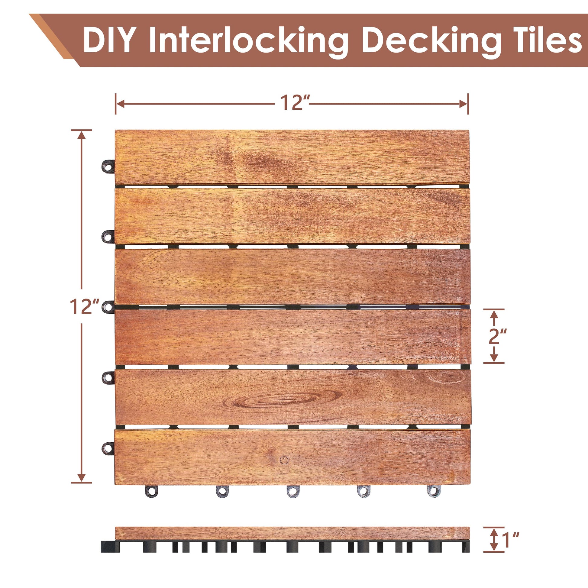 PrimeZone 54 PCS Solid Acacia Wood Interlocking Patio Deck Tiles - 12" x 12" Indoor Outdoor Waterproof Flooring Tiles for Balcony, Backyard, Garden & Poolside, All Weather Use, Natural Wood